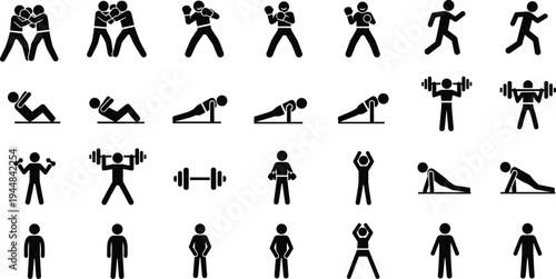 Vector Illustration Set of Stick Figure Icons Representing Boxing Running Weightlifting Pushups Situps and Various Fitness Workouts for Healthy Training