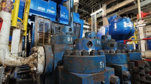 Triplex mud pumps for oil drilling rig in the pump room. A mud pump is one of the most important equipment on the rig.
