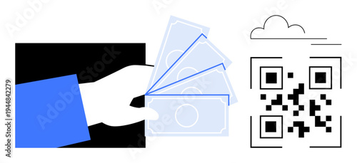 Digital payments, financial transactions, QR codes, cloud technology, secure digital transfer, virtual wallet. Hand holding cash, QR code next to a cloud icon. Digital payments and financial