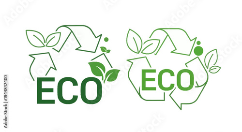 Vector illustration of green ECO logos with recycling symbols and leaves on a white background for eco-friendly business and environmental concepts