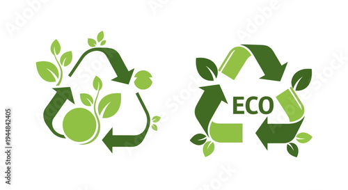 Vector illustration of green recycling symbols with eco icons and leaves on a white background for Global Recycling Day