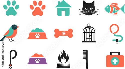 Pet care icons set with paw cat fish bird cage food bowl leash comb grooming veterinary flat vector
