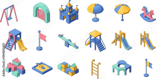 playground, equipment, kids, park, swing, slide, seesaw, sandbox, castle, blocks, ladder, umbrella, rocking, horse, toy, illustration, cartoon, collection, playset, outdoor