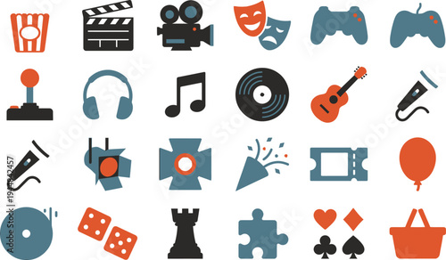 A vibrant collection of digital icons representing entertainment, games, music, movies, and various leisure activities.