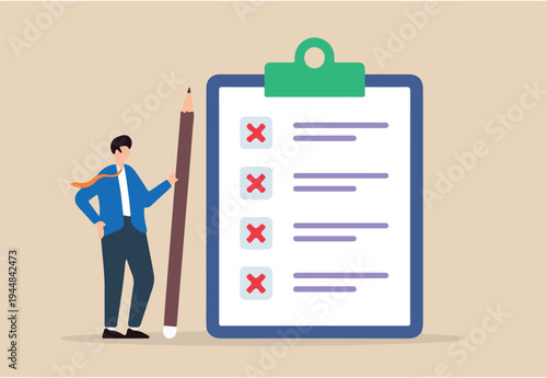 Flat illustration of HR manager hold pencil with cross mark on business checklist clipboard task failed