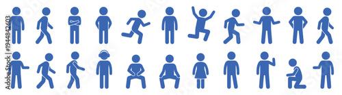 Blue human silhouette stick figure icon set with various poses like walking running standing and sitting for infographic design business lifestyle and healthcare medical presentations
