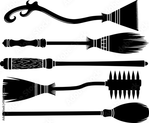 Vintage broom silhouettes collection, witch broomstick cleaning brush icons traditional broom tools vector illustration isolated black design set