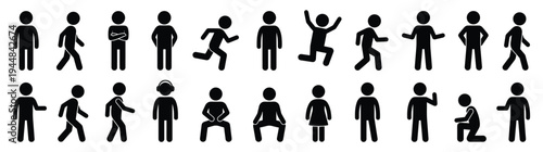 Large human silhouette stick figure icon set with various poses like walking running standing and sitting for infographic design business lifestyle and healthcare medical presentation projects