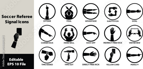 Comprehensive collection of black silhouette soccer and football referee hand signal icons, including VAR and offside, isolated on transparent background.