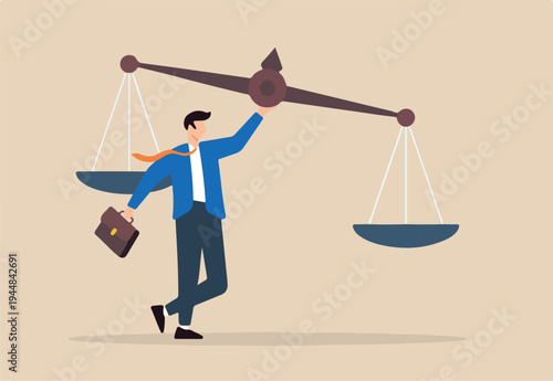 Flat illustration of confident businessman lift ethical balance scale symbolizing principle and business ethics.