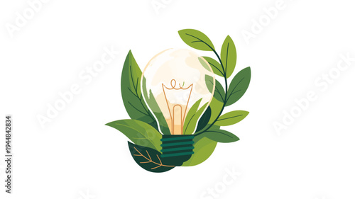 Embracing sustainable innovation: A radiant light bulb encircled by thriving green leaves.