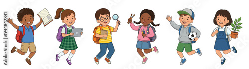Set of Diverse Cartoon Children Students with Backpacks and School Supplies for Back to School Education Learning and Childhood Celebration Concept Isolated on White Background