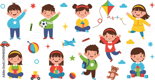 Happy Kids Activities Cartoon Vector Set Featuring Children Playing with Toys, Ball, Kite, Airplane and Fun Childhood Playtime Scenes.