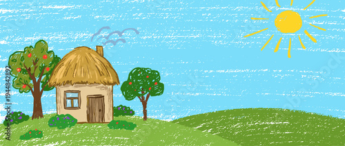 Hand Drawn Crayon Texture Illustration of a Small House on Green Hills with Apple Trees and Sun for Childhood Education and Nature Background Isolated on White