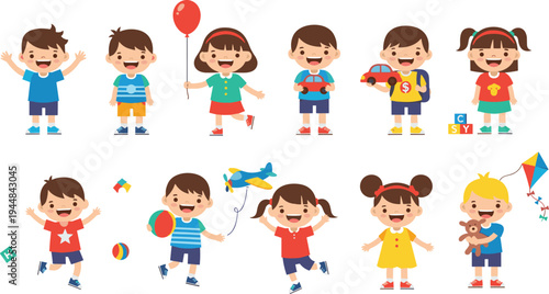 Happy Kids Cartoon Characters Vector Set Featuring Children Playing with Toys, Balloons, Kite, Airplane, Teddy Bear and Fun Childhood Activities.