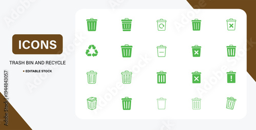 Garbage and recycle bin icon pack featuring waste management, delete and disposal symbols vector collection.