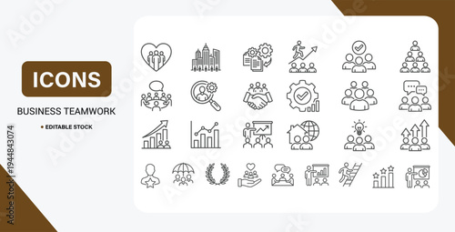 Corporate teamwork and leadership outline icon set with collaboration, strategy, communication and business growth symbols on transparent background.