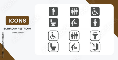 Restroom and bathroom silhouette icon set with toilet, wheelchair access, men, women, shower and sink symbols vector collection.