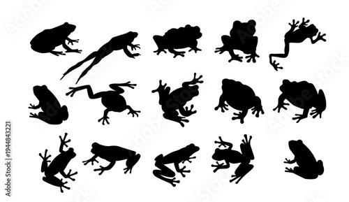 A collection of black frog silhouettes on a white background