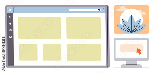 Web design, user interface, UX development, creative workspace, technology, online tools. Browser window with placeholders and icons alongside a desktop and lotus design. Web design and user