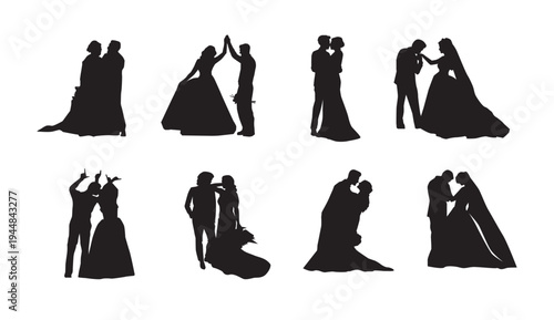 A collection of romantic wedding silhouettes of couples in various poses