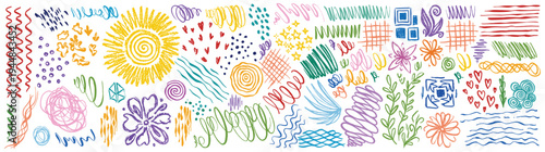 Comprehensive Collection of Colorful Hand Drawn Doodles and Childish Sketches with Crayon Texture Featuring Sun Flowers and Nature Symbols for Education and Creative Design Projects