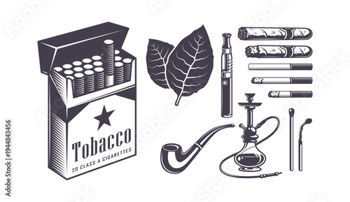 A black and white illustration of various smoking related objects and accessories