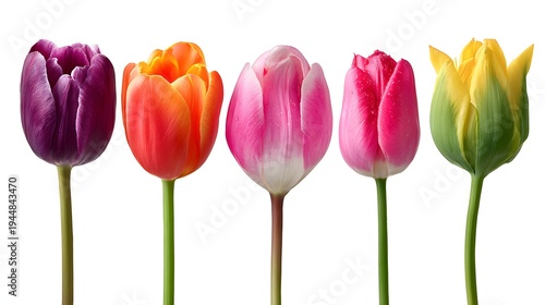 Five Vibrant Tulips in a Row Isolated on White Background.