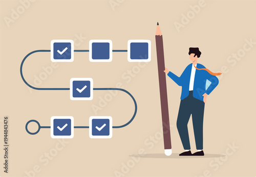 Flat illustration of project manager hold large pencil to check completed task tracking progress in project timeline