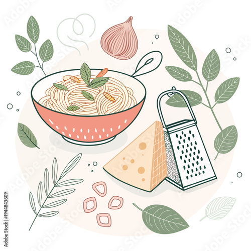 Delicious Italian Spaghetti Dish with Fresh Herbs and Grated Cheese. Hand-drawn vector illustration of pasta preparation with natural, healthy ingredients