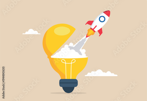 Flat illustration of rocket launch from opening lightbulb breakthrough new idea entrepreneurship success innovation startup creativity begin business.