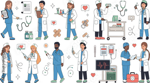 Medical Healthcare Professionals Illustration Set Featuring Doctors, Nurses, Medical Equipment, Patient Care, Hospital Treatment and Clinical Healthcare Services.