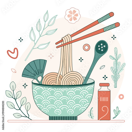 Delicious Asian Noodle Bowl with Chopsticks and Greens Illustration