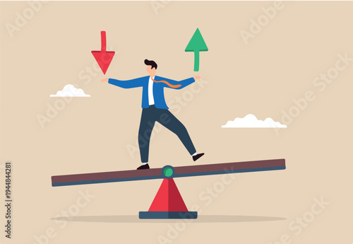 Flat illustration of investor balance on seesaw holding arrow of loss and gain symbolizing investment risk.