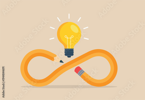 Flat illustration of creative pencil forming infinity loop around glowing light bulb symbolizing endless imagination and innovative idea generation