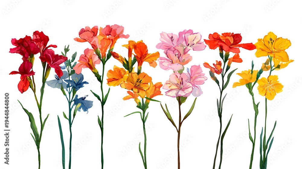Fototapeta premium A Vibrant Collection of Assorted Colorful Flowers on White Background.