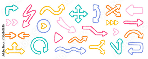 Arrows crayon doodle. Chalk pencil childish scribble direction pointers in sketch style. Charcoal and Grunge texture. Hand drawn vector illustration isolated on white background