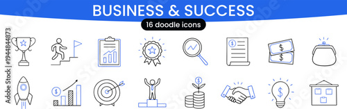 Business success and Startup idea doodle icon set. Goal, award trophy, strategic planning in sketch style. Hand drawn vector illustration isolated on white background