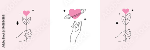 Pink Heart Illustrations with Hands and Stars love