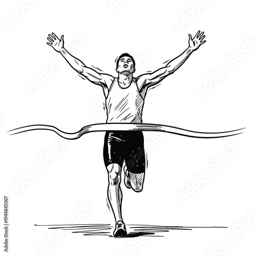 Athlete crossing finish line, arms raised in victory, sprinting to win race, achievement