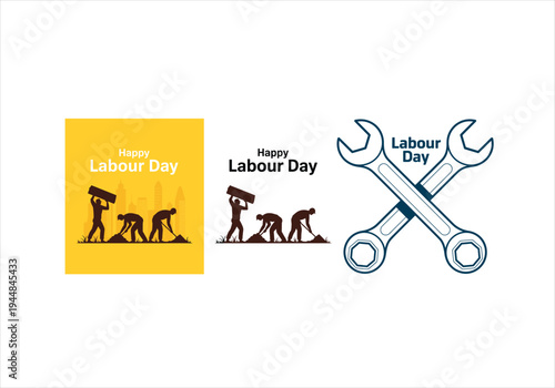 Yellow background with labour day text and monkey evolution and blue wrench with labour day text