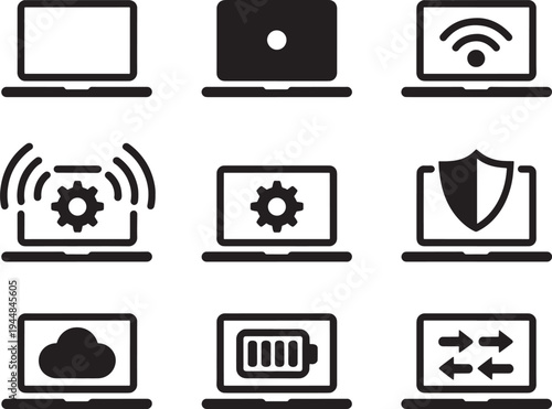 Collection of various black laptop icons in different perspectives and orientations showing their screens keyboards and lids from top side angled and flat views
