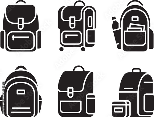 Collection of six diverse backpack icons in a solid black graphic style illustrating various designs for travel and everyday use isolated on a white background
