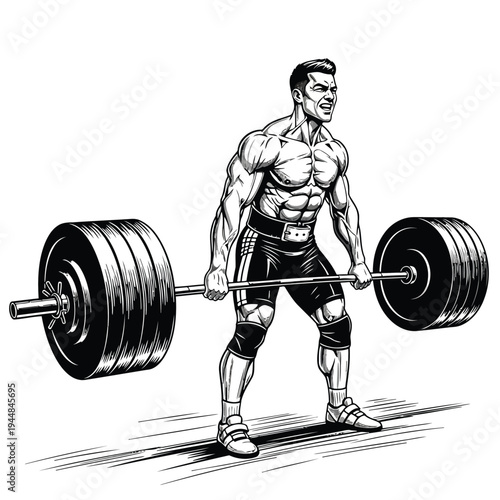 Weightlifter performing deadlift, intense concentration, building muscle, strength training
