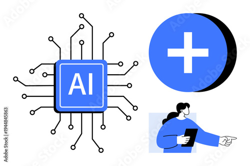 AI concept. AI technology illustrated with a neural network circuit, a blue plus icon, and a person holding a tablet. AI ideas for healthcare, tech apps, digital tools, teamwork, automation