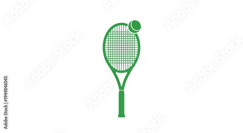 Green tennis racket with a yellow tennis ball, ready for game, isolated white background.