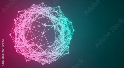 Futuristic abstract network of glowing neon pink and teal fibers representing interdisciplinary nanomaterial bonding structures and advanced science, lighting, material science, structure