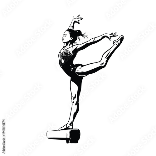 Gymnast performing balance beam routine artistic gymnastics vector black and white drawing