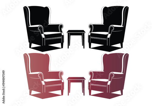 Silhouettes of wingback chairs and small tables arranged in conversation settings, black and red gradient, wingback chair, interior design, design element