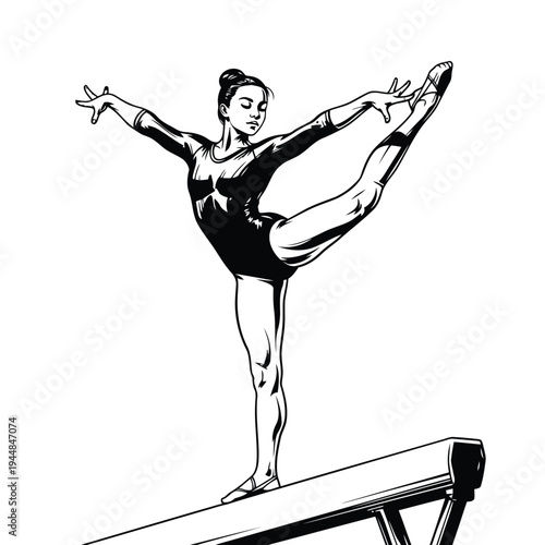 Female gymnast balancing on one leg during professional routine vector black and white art